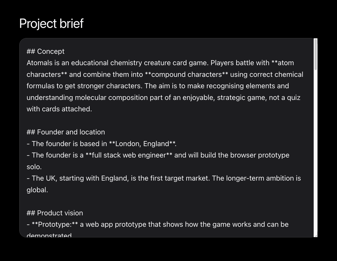 Editable project brief with sections for concept, founder and location, and product vision