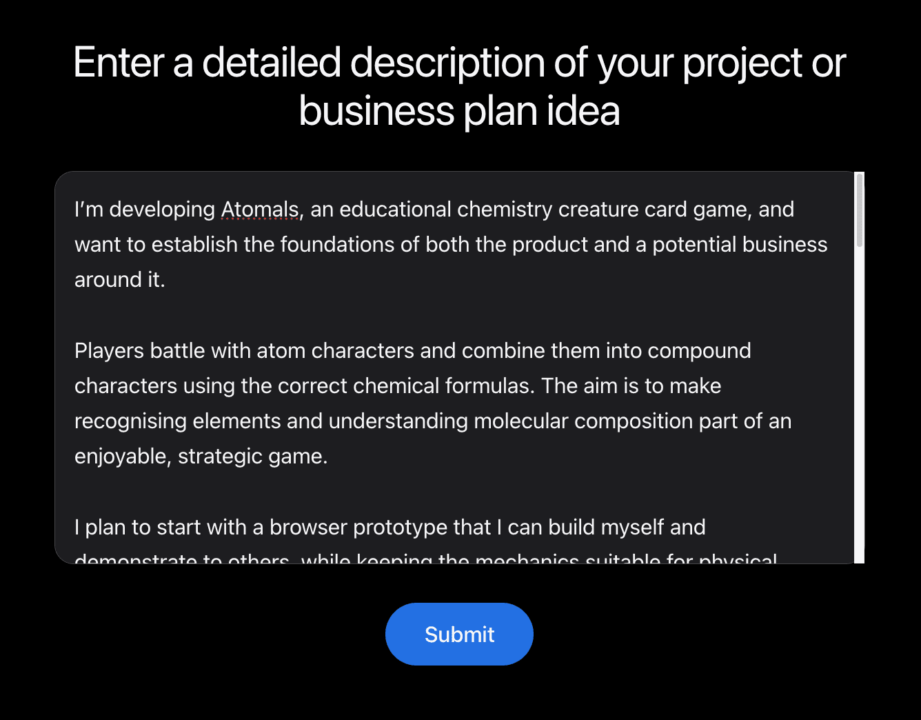 Form asking for a detailed description of a project or business plan idea, filled in with a pitch for an educational chemistry card game
